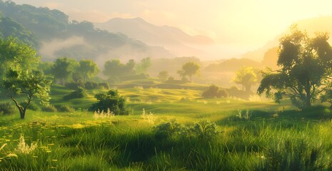Obraz premium Lush Green Meadow Landscape with Morning Sunlight, Trees, and Rolling Hills
