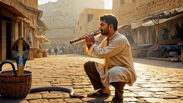 Arab man playing the flute with a snake.