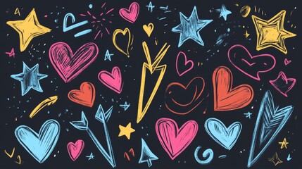 Colorful, hand-drawn shapes and symbols like hearts, stars, and arrows.  Perfect for decoration!
