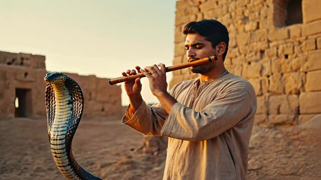 Arab man playing the flute with a snake.