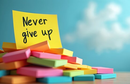 Motivational colorful sticker with inspiration quote Never Give Up. Pile of sticky notes over blue sky. Encouragement concept, determination, success mindset, positive affirmation, business goal, - Powered by Adobe