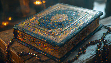 Ornate Quran Book with Golden Arabic Calligraphy and Prayer Beads