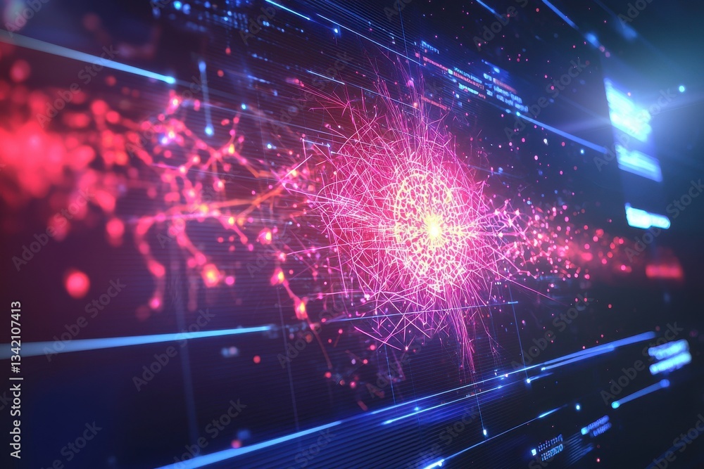 Poster an abstract technological visualization of data network with glowing red and blue connections, illus