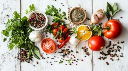 Colorful veggies, spices, and herbs are scattered on a white wooden table.  Plenty of room for writing.
