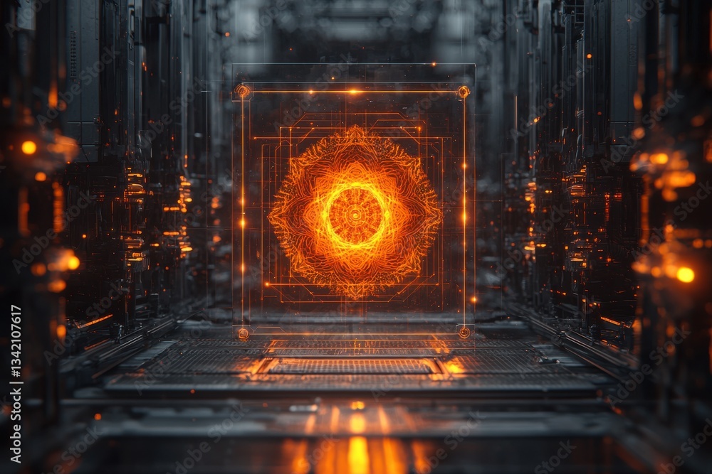 Poster futuristic technology interface with glowing mandala in a dark, high-tech corridor, symbolizing adva