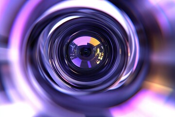 The lens of a video camera captured in closeup, glowing under yellow and purple neon lighting