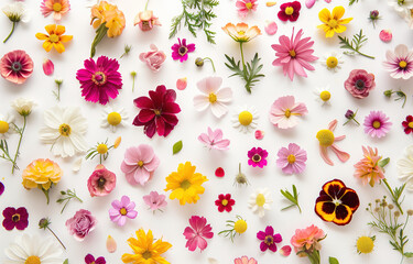 Fototapeta premium multicolored plants, flowers, stems and leaves, top view of herbarium