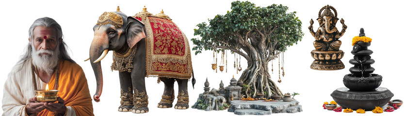 Traditional Indian culture elements – Hindu sage, decorated elephant, sacred tree, Ganesha statue, and spiritual fountain