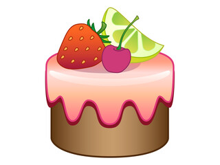 Sponge cake with strawberries, cherries and lemon. Creamy fruit cake. Cupcake with icing, lemon, cherry and strawberries - vector full-color picture of a confectionery.	