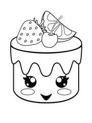 Kawaii cake with a cute smiling face. Cupcake - face with icing, strawberries, lemon and cherry. Vector linear picture for coloring - cake. Outline. Hand drawing	