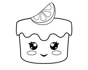 Cake with cute face and lemon wedge - vector linear illustration for coloring. Kawaii lemon cupcake with smile - element for coloring book. Outline.