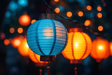 Illuminated Teal and Orange Paper Lanterns Hanging at Night Festive Decor