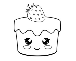 Cupcake with cute face and strawberries - vector linear illustration for coloring. Kawaii strawberry cupcake with smile - element for coloring book. Outline.	