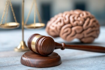 Justice scale gavel law brain analysis. Justice symbols with a gavel and scales beside a brain model.