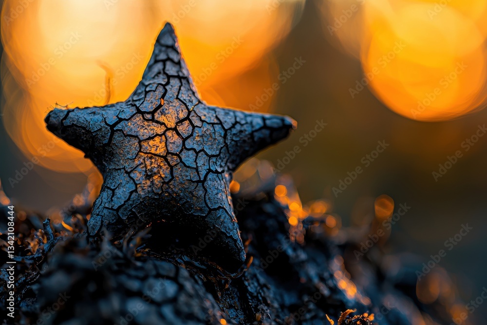 Poster a weathered star resting on textured terrain with blurred golden bokeh, creating a mystical and arti