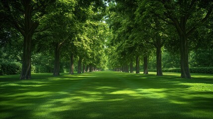 Serene Green Tree-Lined Path: A Tranquil Nature Escape