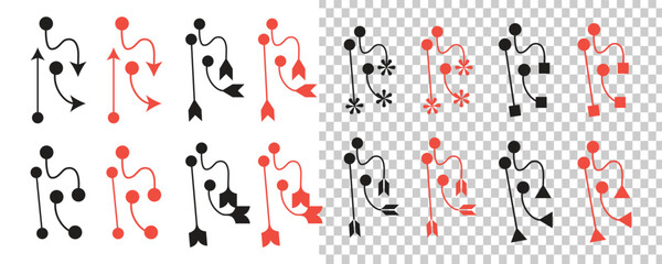 Vector graphic pattern of interconnected arrows and shapes in black and coral.