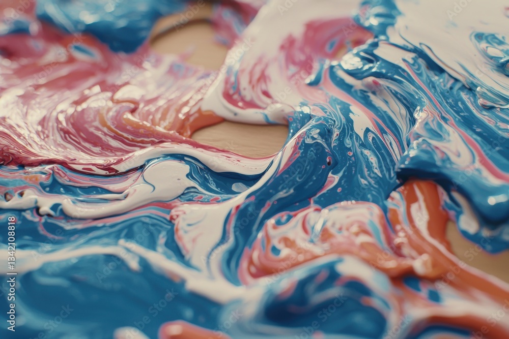 Poster macro shot of blue, red and white paint swirling together to create abstract art, unique patterns an