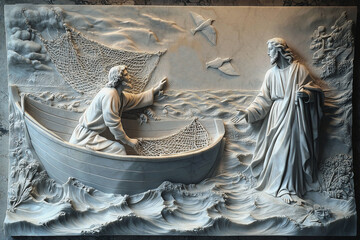 The calling of the holy apostle Peter by Jesus Christ. Marble statue.