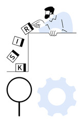 Man placing blocks spelling risk above a ledge, magnifying glass and gear nearby. Ideal for decision-making, risk assessment, analysis, business strategy, management, problem-solving, teamwork