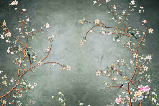 Vintage floral wallpaper with birds and flowers for home decor and wall art background design style 2024