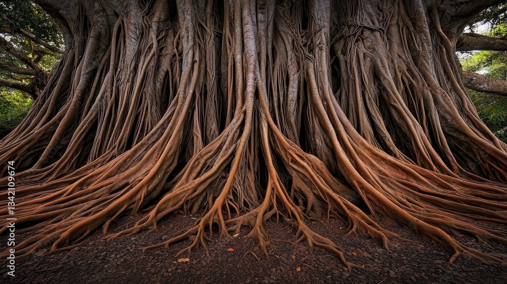 Poster Large tree with many roots, some of which are brown and some are green. The roots are spread out and appear to be reaching deep into the ground