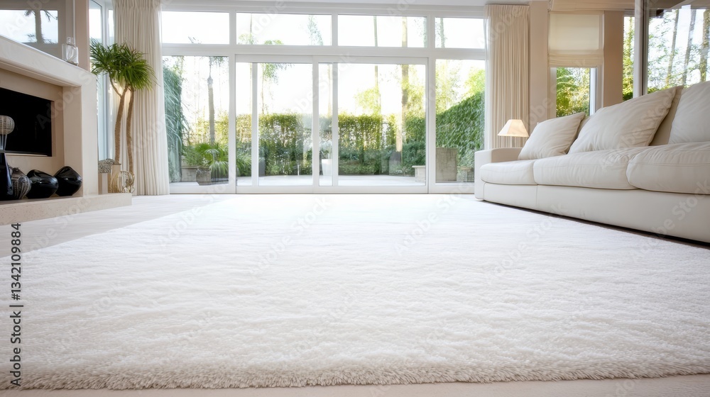 Aufkleber large white carpeted room with a fireplace and a large window. the room is empty and has a clean, mi