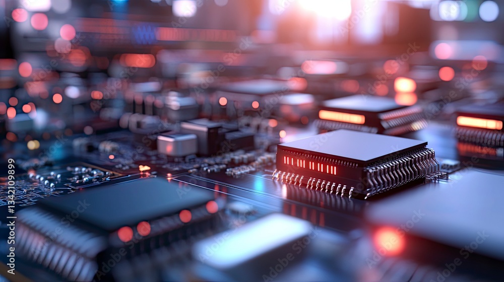 Poster close-up of a circuit board with processors and electronic components, illuminated with red and blue