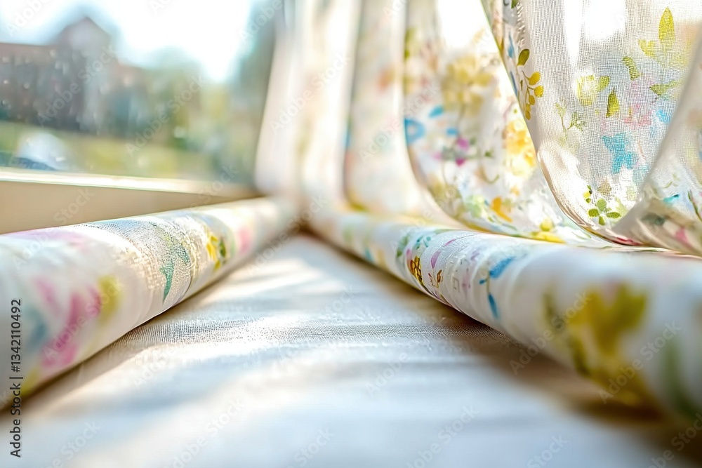 Poster Sunlit floral curtains hanging by a bright window, creating a warm and inviting atmosphere with a view of greenery and blurred houses in the background.