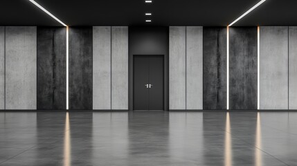 Obraz premium Large, empty room with a black door and a white sign on the door. The room is bare and empty, with no furniture or decorations