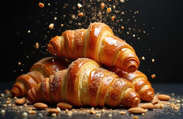 Crispy baked breakfast croissants with crumbs. French bakery sweet pastry with butter and almonds. Delicious morning snack on dark table. Food concept for cafe with fresh desserts menu.