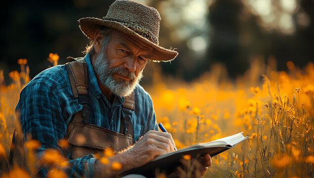 Senior Farmer Writing in Notebook Amidst Golden Flowers at Sunset