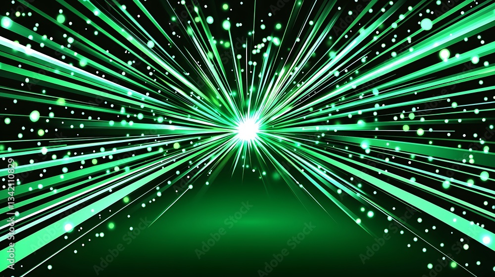 Poster green lines and sparkling dots create a vibrant light burst design