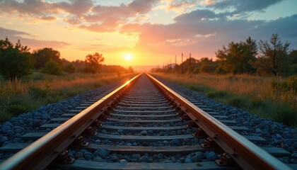 Fototapeta premium Railway track stretches toward sunset, journey, travel. Sunlight reflects on rails, creating warm glow. Industrial landscape evokes motion, transportation, tourism themes, potential for commercial