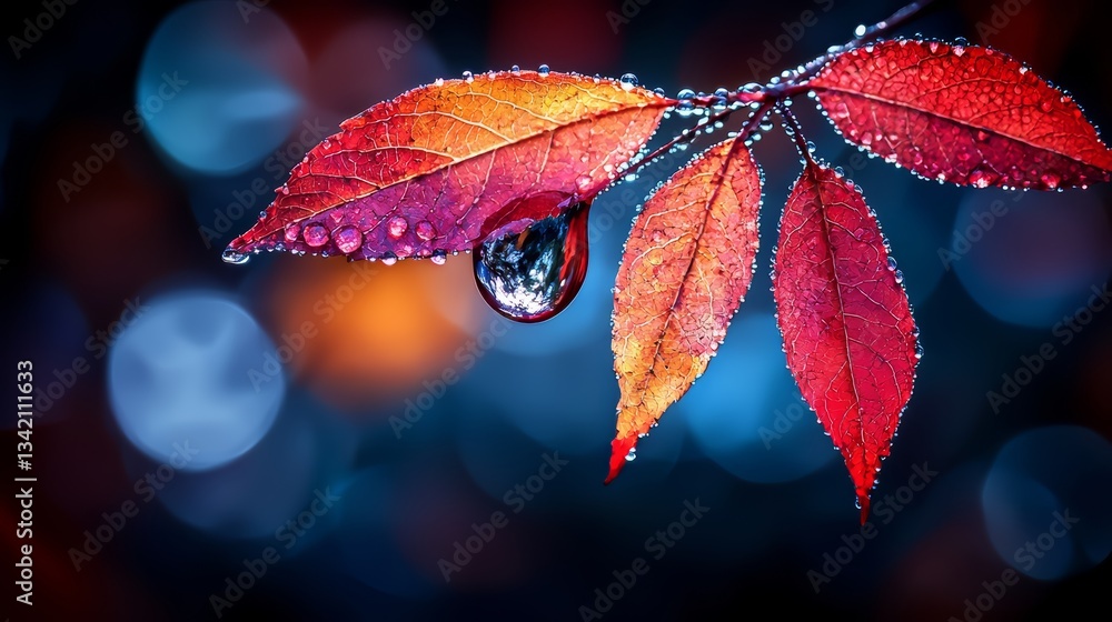 Aufkleber leaf with a drop of water on it. the leaf is red and the water is clear
