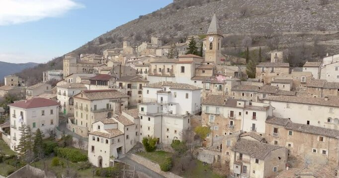 Aerial view of the historic center of Calascio, a small town in the province of L'Aquila, in Abruzzo, Italy. Italian traditional village.