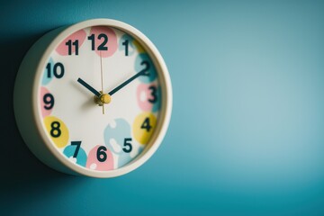 A playful wall clock on a blue wall, featuring colorful numbers and a whimsical design, perfect for a child's room or adding a touch of fun to any space.