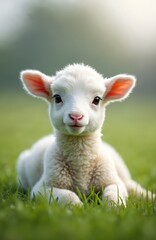 Obraz premium Close-up portrait of cute white lamb lying on green grass. Adorable young sheep with fluffy wool, symbol spring and Easter time. Farm animal, idyllic rural scene with soft light, bokeh.