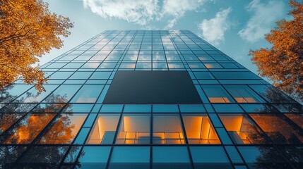 A blank billboard towering over a modern tech park with glass offices 