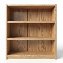 Empty wooden bookshelf isolated on transparent background. Three shelves ready for books, decor, home stuff. Furniture offers open storage. Design for interior, home decor, book store, shop. New