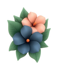 Floral arrangement featuring a peach blossom and a blue flower with leaves PNG on Transparent Background