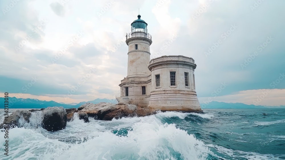 Fototapete lighthouse is on a rocky island in the ocean. the lighthouse is surrounded by water and rocks. the w