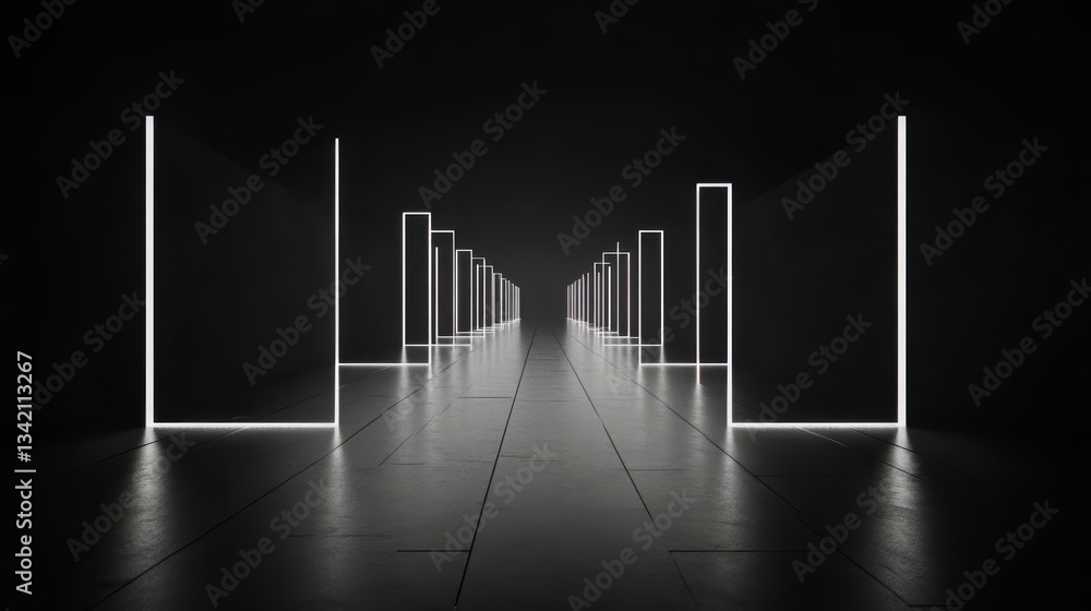 Aufkleber long hallway with many white columns. the hallway is dark and the columns are lit up. scene is myste