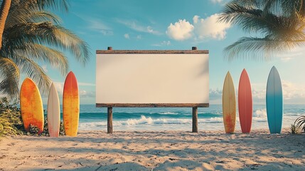 A blank billboard surrounded by colorful surfboards on a sunny beach 