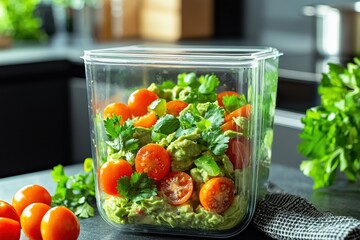 Fresh guacamole with cherry tomatoes and cilantro in a clear container, ready for a healthy snack, perfect for healthy eating and fresh ingredient visuals.