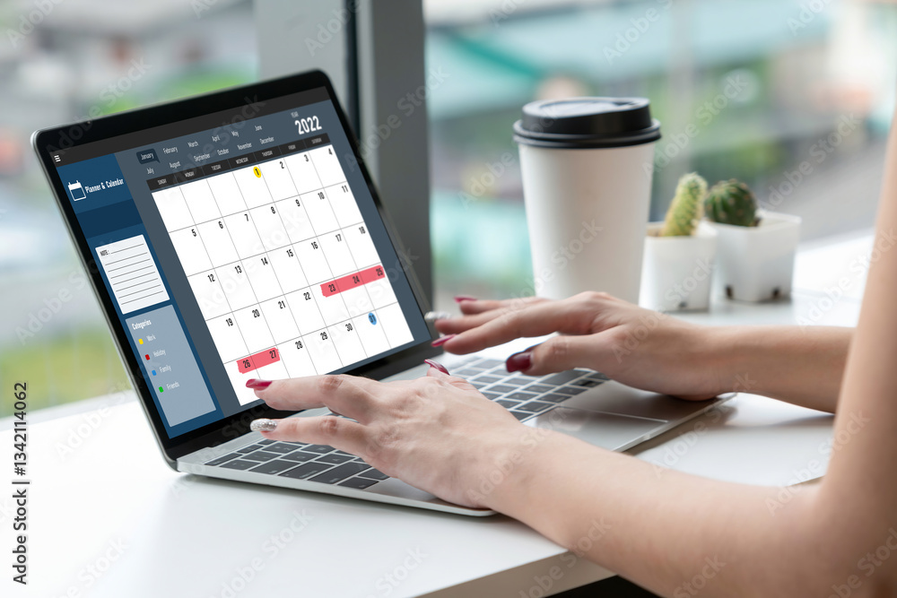 Poster calendar on computer software application for modish schedule planning for personal organizer and on