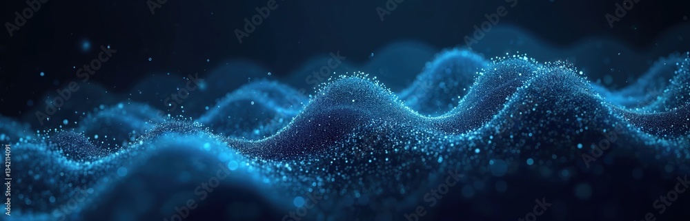 Poster Abstract digital wave tech with flowing particles, connection lines on dark blue background. Tech corporate concept dynamic motion, smooth curves, plasma energy. Visualizes complex data flow,