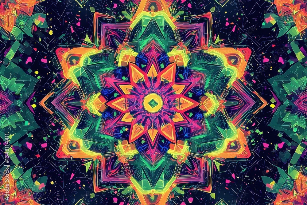 Poster an elaborate kaleidoscope pattern radiating vibrant colors, creating a mesmerizing effect with a bal