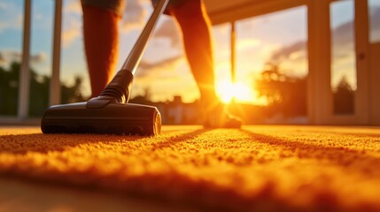 Sunlit Home Cleaning: Vacuuming Carpet in Golden Hour Ambience