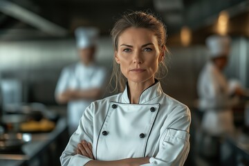 Confident female chef in professional kitchen with team preparing meals, showcasing culinary skills and leadership in the kitchen environment, cooking concept
